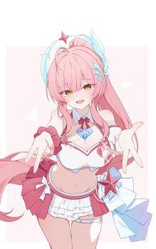 1girl absurdres aemeath_(wuthering_waves) ahoge bare_shoulders breasts cinamon_(cinamori) cleavage commentary cowboy_shot fingernails frilled_skirt frills hair_ornament highres long_hair looking_at_viewer medium_breasts navel official_alternate_costume open_mouth orange_eyes outstretched_arms pink_hair ponytail skirt smile solo stomach tacet_mark_(wuthering_waves) v w white_skirt wuthering_waves