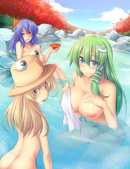 3girls back blonde_hair blue_eyes blue_hair breasts female_focus fuyuwa_kotatsu green_hair groin hat highres kochiya_sanae large_breasts long_hair moriya_suwako multiple_girls navel nipples nude onsen red_eyes same-sex_bathing shared_bathing smile touhou yasaka_kanako