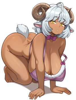 1girl absurdres ahoge all_fours animal_ears borrowed_character bow bowtie breasts brown_horns cleavage commentary covered_erect_nipples curled_horns dark-skinned_female dark_skin goat_ears goat_girl goat_horns highres horns huge_breasts looking_at_viewer melonpuff original pink_bow pink_bowtie simple_background solo tail white_background white_hair yellow_eyes