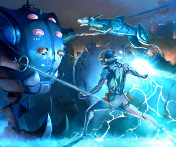 android battle bodysuit casshern casshern_(series) fire friender gun helmet highres male_focus muscular retro_artstyle robot robot_hunter_casshern science_fiction takemaru08 weapon white_bodysuit