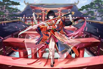 1girl absurdres asymmetrical_legwear black_hair blush breasts cleavage commentary_request flower gradient_hair hair_flower hair_ornament highres holding holding_sword holding_weapon japanese_clothes katana kimono long_hair looking_at_viewer medium_breasts miyako_0 multicolored_hair multiple_torii okobo original petals platform_sandals purple_eyes purple_hair red_kimono red_nails sandals scenery see-through_clothes semi-transparent_dress shrine smile standing standing_on_torii sword torii uneven_legwear very_long_hair weapon