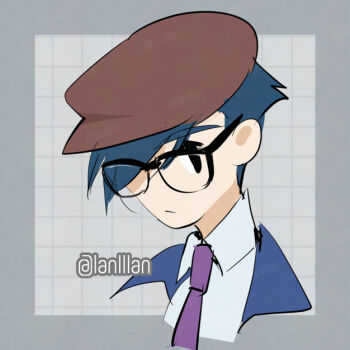 Rule 34 | 1boy, alternate costume, black eyes, blue hair, blue jacket, brown hat, close-up, digimon, digimon adventure, glasses, grey background, hat, jacket, kido jo, lanlllan, male focus, necktie, purple necktie, shirt, short hair, simple background, solo, white shirt