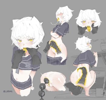 1girl 1other anal anal_beads anal_fisting anal_object_insertion animal_ears anus ass blush bottomless cleft_of_venus colored_pussy colored_tongue dress fisting highres liren44 midriff object_insertion open_mouth pussy sailor_collar sailor_dress sailor_shirt saliva sex_toy shirt short_hair tongue white_hair x-ray yellow_eyes yellow_pussy yellow_tongue