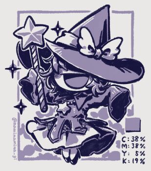 1girl alternate_costume covered_eyes full_body hat highres kirby&#039;s_adventure kirby_(series) nanami_(13mimi) neichel_(kirby) nintendo open_mouth purple_theme sleeves_past_fingers sleeves_past_wrists smile solo star_(symbol) star_rod twitter_username witch_hat