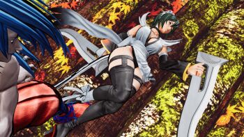 1boy 1girl 3d apron black_hair black_leotard breasts butterfly_swords curvy defeat forest full_body highleg highleg_leotard highres holding holding_weapon iroha_(samurai_spirits) large_breasts leotard lips looking_at_another lying maid maid_headdress nature ryona samurai_spirits screencap shiny_skin short_hair skindentation solo thighhighs third-party_edit thong_leotard weapon wide_hips