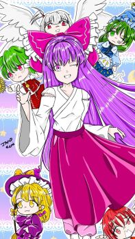1990s_(style) 4girls 6+girls artist_name ascot blonde_hair bow braid breasts cape capelet deformed detached_sleeves dress flower frills ghost_tail green_eyes green_hair hair_bobbles hair_bow hair_ornament hair_tubes hakama hakurei_reimu hakurei_reimu_(pc-98) hat hat_bow highres holding japanese_clothes kazami_yuuka kazami_yuuka_(pc-98) kimono kirisame_marisa kirisame_marisa_(pc-98) long_hair long_sleeves looking_at_viewer miko mima_(touhou) multiple_girls navodnavod okazaki_yumemi one_eye_closed one_side_up open_mouth plaid_clothes plaid_vest purple_dress purple_eyes purple_hair red_bow red_eyes red_hair retro_artstyle ribbon shinki_(touhou) shirt short_hair skirt smile touhou touhou_(pc-98) umbrella vest wide_sleeves wings witch_hat yellow_eyes