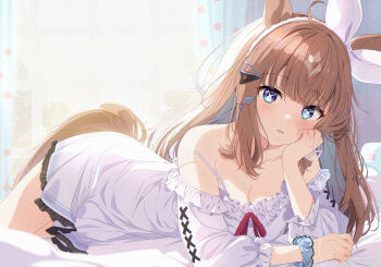 +_+ absurdres almond_eye_(umamusume) animal_ears bare_shoulders blush bow_hairband breasts brown_hair dress hairband head_rest highres horse_ears horse_girl horse_tail large_breasts long_hair off-shoulder_dress off_shoulder open_mouth purple_eyes sidelocks tail umamusume white_dress white_hairband yukikawa_juri