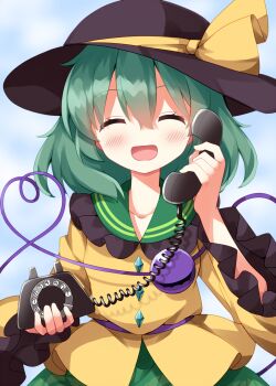 1girl :d antique_phone black_hat blush buttons closed_eyes collared_shirt commentary_request contrast_collar corded_phone cowboy_shot diamond_button facing_viewer frilled_shirt_collar frilled_sleeves frills green_hair green_skirt hat hat_ribbon heart heart_of_string highres holding holding_phone komeiji_koishi long_sleeves open_mouth phone ribbon rotary_phone ruu_(tksymkw) shirt short_hair skirt smile solo third_eye touhou wide_sleeves yellow_ribbon yellow_shirt