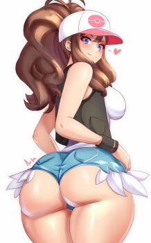 1girl anisdrawn ass ass_focus baseball_cap big_hair black_vest blue_eyes blue_shorts blush breasts brown_hair closed_mouth commentary curly_hair cutoffs denim denim_shorts hat heart high_ponytail highres hilda_(pokemon) large_breasts looking_at_viewer looking_back nintendo poke_ball_print pokemon pokemon_bw ponytail print_hat shorts sidelocks signature simple_background smile solo standing thick_thighs thighs vest white_background white_hat