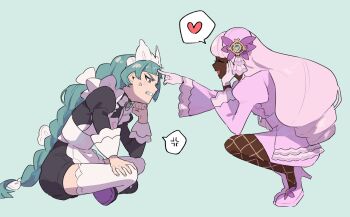 2girls absurdres anger_vein apron black_romper blunt_bangs bow bowtie braid braided_ponytail brown_eyes closed_eyes commentary_request crossed_legs dark-skinned_female dark_skin dress fascinator finger_to_another&#039;s_face fishnet_pantyhose fishnets gloves green_hair hair_ornament heart highres jacinthe_(pokemon) juliet_sleeves lebanne_(pokemon) long_braid long_hair long_sleeves low_drills maid maid_apron maid_headdress master_and_servant mega_stone multiple_girls nintendo noki_(nikumasyumaro) open_mouth pantyhose pokemon pokemon_legends:_z-a puffy_sleeves purple_dress purple_hair romper sitting smile speech_bubble spoken_anger_vein spoken_heart squatting sweatdrop teeth thighhighs very_dark_skin white_bow white_bowtie white_gloves white_thighhighs