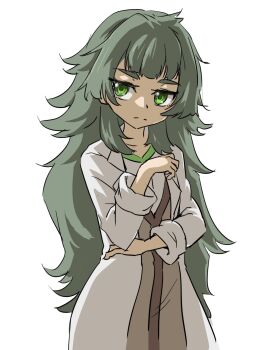 1girl blunt_bangs brown_jacket closed_mouth collar commentary_request cowboy_shot dress frown green_eyes green_hair hair_between_eyes hand_on_own_elbow highres hiyajou_maho jacket lab_coat long_sleeves looking_at_viewer sadarann science_adventure simple_background sleeves_rolled_up solo standing steins;gate steins;gate_0 thinking white_background white_collar