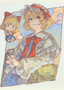 1girl absurdres alice_margatroid blonde_hair blue_dress blue_eyes blue_sky capelet closed_mouth cloud commentary doll dress expressionless floating hair_between_eyes hairband highres lolita_hairband long_sleeves looking_at_viewer medium_hair oftooon shanghai_doll shirt short_sleeves sky symbol-only_commentary touhou twitter_username watermark white_capelet white_shirt