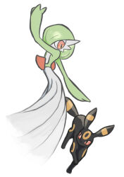 bad_id bad_twitter_id black_fur bob_cut colored_skin dress gardevoir gen_2_pokemon gen_3_pokemon green_hair green_skin highres maemuki multicolored_skin nintendo pink_eyes pokemon pokemon_(creature) simple_background two-tone_fur two-tone_skin umbreon white_background white_dress white_skin