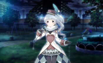 Rule 34 | 1girl, apartment, argyle clothes, argyle coat, artist request, bare shoulders, black pantyhose, black shirt, blue coat, blue hair, bowler hat, brown hat, brown vest, bush, buttons, clothing cutout, cloud, coat, coattails, collared coat, cowboy shot, crescent, diamond print, frilled skirt, frilled sleeves, frills, game cg, grass, hat, hat feather, heart cutout, highres, holding, holding scepter, kumi seika, long hair, long sleeves, magia record: mahou shoujo madoka magica gaiden, magical girl, mahou shoujo madoka magica, mahou shoujo madoka magica magia exedra, miniskirt, multicolored coat, night, official art, outdoors, outline, pantyhose, park, path, pinstripe pattern, pinstripe shirt, road, scepter, shirt, shoulder cutout, side ponytail, skirt, sky, sleeveless, sleeveless shirt, sleeves past wrists, slide, solo, standing, striped clothes, striped pantyhose, swing, two-sided coat, two-sided fabric, two-tone coat, vertical-striped clothes, vertical-striped pantyhose, vest, wavy hair, white coat, white outline, white skirt