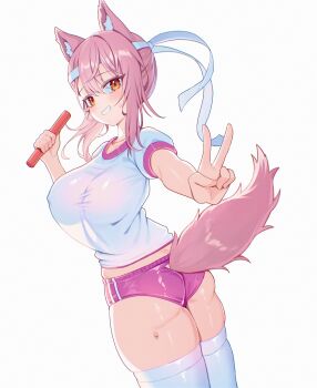 Rule 34 | 1girl, absurdres, animal ear fluff, animal ears, ass, breasts, brown eyes, collarbone, commentary, commission, cowboy shot, from behind, hair between eyes, hair ribbon, hand up, highres, jinggun, large breasts, looking at viewer, micro shorts, multicolored shirt, original, pink shirt, pink shorts, ribbon, shirt, short hair, short sleeves, shorts, sidelocks, simple background, smile, solo, sportswear, sweatdrop, t-shirt, tail, teeth, thighhighs, thighs, two-tone shirt, v, white background, white ribbon, white shirt, white thighhighs