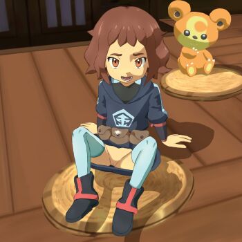 1girl 3d brown_eyes brown_hair calens_(pokemon) cleft_of_venus female_focus full_body gen_2_pokemon highres indoors loli looking_at_viewer nintendo pokemon pokemon_legends:_arceus pussy solo teddiursa upskirt