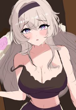 Rule 34 | 1girl, :o, belly, black bra, blush, bra, breasts, cleavage, firefly (honkai: star rail), gradient eyes, green pupils, grey hair, hair between eyes, hair intakes, honkai: star rail, honkai (series), long hair, loose clothes, multicolored eyes, navel, nuuuukoame, open mouth, solo, sweatdrop, underwear