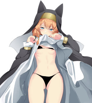 Rule 34 | 1girl, bikini, bikini under clothes, black bikini, black dress, blue archive, blue eyes, blush, breasts, brown hair, clothes in mouth, clothes lift, commentary request, dress, dress in mouth, dress lift, gluteal fold, habit, hair between eyes, highres, lifting own clothes, long hair, long sleeves, looking at viewer, mari (blue archive), navel, noa (nagareboshi), nun, puffy long sleeves, puffy sleeves, simple background, sleeves past wrists, small breasts, solo, standing, swimsuit, veil, white background