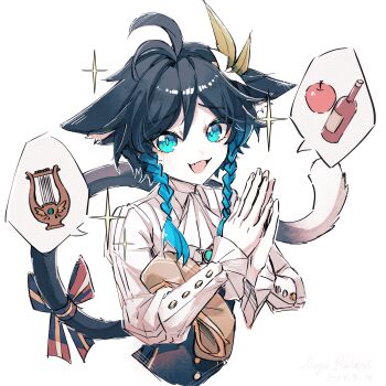 1boy absurdres ahoge animal_ear_fluff animal_ears apple aqua_eyes ascot black_hair blush bottle bow braid cat_ears fang flower food fruit gem genshin_impact gradient_hair hair_flower hair_ornament highres instrument long_sleeves looking_at_viewer low_twin_braids lyre magicrabbit49586 male_focus multicolored_hair open_mouth palms_together solo sparkle speech_bubble square tail tail_bow tail_ornament tongue trap twin_braids upper_body venti_(genshin_impact) white_ascot white_background white_flower wine_bottle