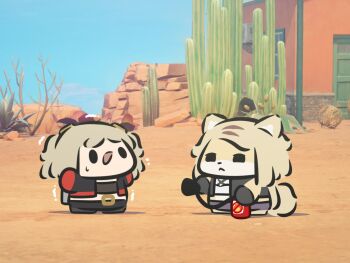Rule 34 | 2girls, aiming, burnice white, cactus, chibi, desert, game screenshot background, hands up, highres, holding fire extinguisher, multiple girls, outdoors, pulchra fellini, scared, screenshot background, shaking, sky, superappleman, sweatdrop, tree, tumbleweed, zenless zone zero