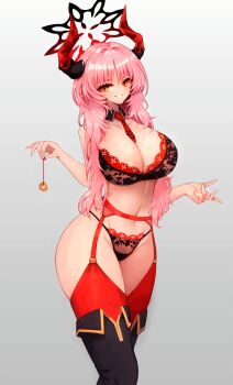 1girl between_breasts blue_archive blush boots bra breasts cleavage coin coin_on_string demon_horns halo highres holding holding_pendulum holed_coin horns hypnotizing_viewer knee_boots lace lace-trimmed_bra lace-trimmed_panties lace_trim large_breasts long_hair looking_at_viewer mole mole_on_breast multicolored_horns navel necktie necktie_between_breasts notte panties pendulum pink_hair red_garter_straps red_halo red_horns red_necktie red_thighhighs satsuki_(blue_archive) simple_background smile solo standing thighhighs two-tone_horns underwear