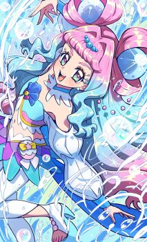 1girl blue_eyes blue_hair blue_nails blue_theme brooch choker cure_la_mer eyelash_ornament gradient_hair hair_ornament heart heart_in_eye highres jewelry layered_skirt leggings long_hair looking_at_viewer magical_girl midriff multicolored_eyes multicolored_hair nail_polish navel open_mouth pearl_hair_ornament pink_eyes pink_hair pink_sailor_collar precure sailor_collar shell_brooch skirt smile solo sphere_hair_ornament symbol_in_eye tropical-rouge!_precure very_long_hair wanowanoji67 water white_choker white_leggings white_sleeves