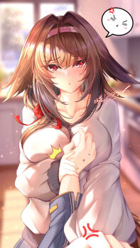 1boy 1girl ^^^ absurdres alternate_costume anger_vein animal_ear_fluff animal_ears blurry blurry_background blush breast_press breasts brown_hair cardigan closed_mouth collarbone commentary_request dated droopy_ears gxws hairband hetero highres holding_another's_arm indoors large_breasts long_hair looking_at_viewer pov pov_hands red_eyes red_hairband spoken_expression sweat white_cardigan wise_(zenless_zone_zero) ye_shunguang zenless_zone_zero