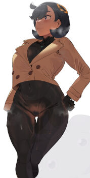 1girl black_eyes black_hair black_pantyhose blush bodypaint breasts brown_gloves brown_jacket closed_mouth commentary covered_navel dark-skinned_female dark_skin emma_(pokemon) female_pubic_hair gloves gluteal_fold hair_ornament hand_on_own_hip highres jacket long_sleeves looking_to_the_side navel nintendo no_panties okpriko painted_clothes pantyhose pokemon pokemon_legends:_z-a pubic_hair short_hair simple_background smile solo standing steam sweat symbol-only_commentary white_background