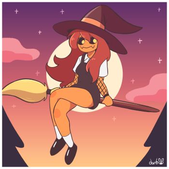 1girl artist_name black_dress black_sclera black_shoes border breasts broom broom_riding closed_mouth cloud colored_sclera colored_skin crossed_legs darbsart dawn dress fangs fishnet_sleeves fishnets full_body hair_between_eyes halloween hat highres hollow_eyes jack-o&#039;-lantern long_hair looking_to_the_side medium_breasts moon orange_skin original red_hair shirt shoes short_sleeves sitting skin_fangs smile socks solo star_(sky) very_long_hair white_border white_shirt white_socks witch_hat yellow_pupils