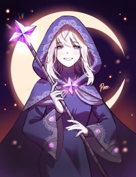 Rule 34 | 1girl, artist name, blessing of the welkin moon, blue cloak, blue dress, blurry, blurry background, blush, cloak, commentary, crescent, dress, english commentary, genshin impact, glowing, gradient hair, hair between eyes, happy, highres, holding, holding staff, hood, hood up, hooded cloak, long sleeves, looking at viewer, moon, multicolored hair, night, night sky, pale skin, pan (pan p), pink hair, primogem, purple eyes, shade, short hair, sky, smile, solo, staff, standing, star (sky), teeth, upper body, wide sleeves