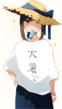 Rule 34 | 1girl, alternate costume, anchor symbol, blue ribbon, blue skirt, brown hair, commentary request, cowboy shot, food, food in mouth, fubuki (kancolle), green eyes, hair tie on wrist, hand on own hip, hat, hat ribbon, highres, kantai collection, light blush, looking at viewer, low ponytail, ma rukan, medium hair, pleated skirt, ponytail, popsicle, popsicle in mouth, print shirt, ribbon, shirt, sidelocks, simple background, skirt, solo, sparkle, straw hat, sweat, translation request, white background