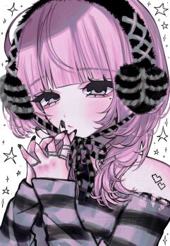 Rule 34 | 1girl, absurdres, aegyo sal, black nails, blunt bangs, blush, closed mouth, commentary, earmuffs, facial mark, heart, heart facial mark, highres, jewelry, long hair, long sleeves, looking at viewer, multicolored nails, multiple rings, off-shoulder shirt, off shoulder, original, own hands together, pink hair, ring, shirt, simple background, solo, star (symbol), striped clothes, striped shirt, symbol-only commentary, upper body, white background, xx raruko
