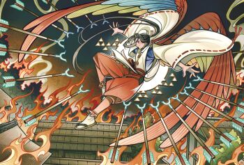 Rule 34 | 1boy, arrow (projectile), black hair, blue eyes, blush, brown sandals, commentary request, feathered wings, full body, grin, highres, houjou tokiyuki (nige jouzu no wakagimi), im honeybread, long hair, long sleeves, male focus, midair, nige jouzu no wakagimi, night, outdoors, pants, red pants, red wings, ribbon-trimmed sleeves, ribbon trim, sandals, shirt, smile, socks, solo, tabi, white shirt, white socks, wide sleeves, wings