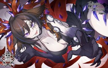 1girl animal_ears bilingual_commentary black_dress black_hair black_hands breasts claws cleavage collarbone colored_extremities commentary commission cowboy_shot double-parted_bangs dress english_commentary extra_eyes facial_mark fangs gem hair_between_eyes hand_up highres large_breasts long_hair looking_at_viewer matsumoto_tomoyohi mixed-language_commentary monster_girl multicolored_hair open_mouth original purple_eyes purple_gemstone reaching reaching_towards_viewer skeb_commission smile solo streaked_hair tentacles