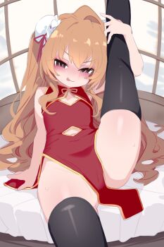 1girl aisaka_taiga alternate_costume arm_at_side bare_hips bare_shoulders bed bedroom black_thighhighs blush brown_eyes brown_hair china_dress chinese_clothes cleavage_cutout closed_mouth clothing_cutout day dot_nose dress empty_eyes feet_out_of_frame female_focus flat_chest half-closed_eyes indoors kukuchi581 kyojiri_loli leg_up loli long_hair looking_at_viewer matching_hair/eyes naughty_face navel navel_cutout on_bed pelvic_curtain red_dress sitting sleeveless sleeveless_dress smile solo thick_thighs thighhighs thighs tongue tongue_out toradora! two-tone_dress variant_set wavy_hair wide_hips window yellow_dress