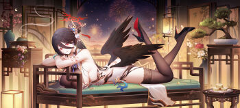 Rule 34 | 1girl, absurdres, aerial fireworks, architecture, arm rest, bare shoulders, black hair, black thighhighs, black wings, blue archive, bonsai, breasts, chinese commentary, chinese new year, cleavage, closed mouth, coin, commentary request, couch, crossed arms, dress, earrings, east asian architecture, feathered wings, feet up, fireworks, flower, food, full body, gold trim, hair between eyes, hair bun, hair ornament, hair stick, halo, halter dress, halterneck, hand on own arm, hasumi (blue archive), head tilt, high heels, highres, incense, incense burner, jade bracelet, jewelry, jianshu, lantern, large breasts, legs, light smile, long hair, long hair between eyes, looking at viewer, low wings, lying, mole, mole under eye, nail polish, night, on couch, on stomach, pelvic curtain, pink nails, plate, railing, red eyes, red halo, round table, see-through cleavage, see-through clothes, shoe soles, sideboob, sky, solo, table, tassel, thighhighs, thighs, vase, very long hair, white dress, wings