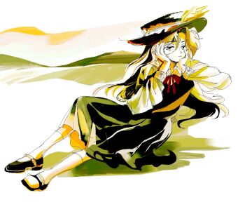 1990s_(style) 1girl 6osquet black_dress black_hat black_shoes blonde_hair bored closed_mouth collared_shirt dolls_in_pseudo_paradise dress embroidery expressionless feathers full_body hair_between_eyes half-closed_eyes hands_on_own_cheeks hands_on_own_face hat hat_feather highres jacket_girl_(dipp) limited_palette long_hair long_sleeves looking_at_viewer mary_janes mismatched_shoes multicolored_shoes neck_ribbon pinafore_dress red_eyes red_ribbon retro_artstyle ribbon shirt shoes single_hair_intake sitting sleeve_cuffs sleeveless sleeveless_dress socks solo touhou two-tone_shoes white_feathers white_shirt white_shoes white_socks