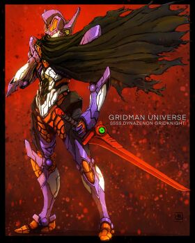 absurdres cloak gridknight_(ssss.gridman) gridman_universe gridman_universe_(movie) highres holding holding_weapon mecha moyan procreate_(medium) red_background reverse_grip robot ssss.dynazenon ssss.gridman standing super_robot sword tokusatsu weapon western_comics_(style)