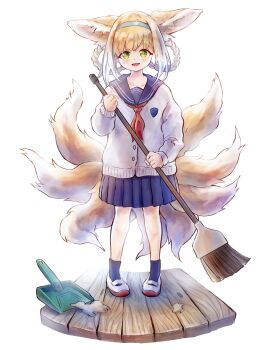1girl alternate_costume animal_ears arknights blonde_hair blue_skirt broom cardigan fox_ears fox_girl fox_tail full_body garvini green_eyes hairband highres holding holding_broom long_sleeves multiple_tails pleated_skirt sailor_collar school_uniform serafuku shoes skirt solo suzuran_(arknights) tail white_background