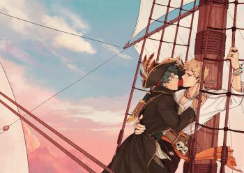 2boys 5mll3 alternate_costume arm_up bakugou_katsuki belt black_coat black_hat black_pants blonde_hair boku_no_hero_academia bracelet brown_belt closed_mouth cloud coat dagger dusk dutch_angle eye_contact feet_out_of_frame floating_neckwear green_hair hat jewelry knife looking_at_another male_focus midoriya_izuku multiple_boys multiple_rings necklace pants pirate_costume pirate_hat pirate_ship plume rigging ring sail shirt short_hair skull_ornament sky smile spiked_hair weapon white_shirt yaoi