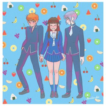 Rule 34 | 1girl, 2boys, ^ ^, alicia rose, apple, apple slice, banana, banana slice, blue background, blunt bangs, blush, brown hair, cherry, closed eyes, commentary, english commentary, food, fruit, fruits basket, full body, grapes, grey hair, hand in pocket, highres, holding hands, honda tohru, kiwi (fruit), kiwi slice, long hair, multiple boys, onigiri, orange (fruit), orange hair, orange slice, pineapple, pineapple slice, school uniform, short hair, sidelocks, sohma kyou, sohma yuki, strawberry, watermelon, watermelon slice