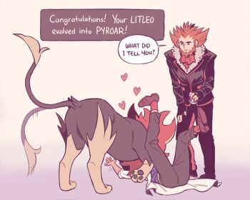 Rule 34 | 2boys, ascot, black jacket, black pants, brown fur, brown pants, dialogue box, effie lealand, english text, gen 6 pokemon, grey background, heart, holding, holding poke ball, jacket, lying, lysandre (pokemon), multiple boys, nintendo, on back, orange hair, pants, poke ball, poke ball (basic), pokemon, pokemon (creature), pokemon xy, professor sycamore, pyroar, pyroar (male), red ascot, speech bubble, tail, tail wagging, two-tone fur