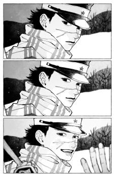 Rule 34 | 1boy, 1girl, absurdres, asirpa, black hat, blurry, blurry background, blush, border, closed mouth, commentary request, facial scar, golden kamuy, greyscale, hat, highres, kome uo, looking at viewer, male focus, military hat, military uniform, monochrome, open mouth, outdoors, print scarf, scar, scar on cheek, scar on face, scar on mouth, scar on nose, scarf, smile, sugimoto saichi, upper body, waving, white border