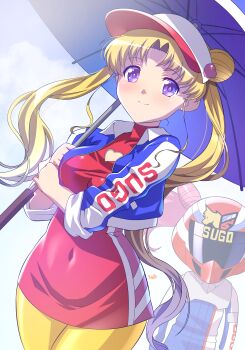 2girls absurdres bishoujo_senshi_sailor_moon blonde_hair blue_eyes blue_jacket breasts chibi_usa closed_mouth clothing_cutout cone_hair_bun cosplay covered_navel cropped_jacket dress earrings future_gpx_cyber_formula hair_bun heart_cutout helmet highres himehachi_(hime8manga) holding holding_umbrella jacket jewelry kazami_hayato kazami_hayato_(cosplay) long_hair medium_breasts multiple_girls open_clothes open_jacket pantyhose pink_eyes pink_hair race_queen racing_suit red_dress short_dress smile split_mouth sugou_asuka sugou_asuka_(cosplay) tsukino_usagi twintails umbrella umbrella_over_shoulder very_long_hair visor_cap yellow_pantyhose