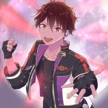 1boy belt_buckle black_gloves black_shirt brown_eyes brown_hair buckle clenched_hand commentary_request ensemble_stars! fingerless_gloves gloves hands_up headset high_collar highres jacket jewelry looking_at_viewer male_focus moon morisawa_chiaki necklace open_clothes open_jacket open_mouth outstretched_hand shirt short_hair smile solo star_(symbol) star_necklace teeth three-quarter_sleeves upper_body upper_teeth_only yuki_suzume zipper