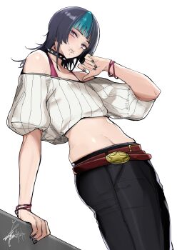 Rule 34 | 1boy, bare shoulders, bra strap, bracelet, choker, highres, hoshi kirara, jewelry, jujutsu kaisen, leaning, looking at viewer, midriff, multicolored hair, nail polish, piercing, rib:y(uhki), simple background, solo, spiked choker, spikes, streaked hair, tagme, trap, white background