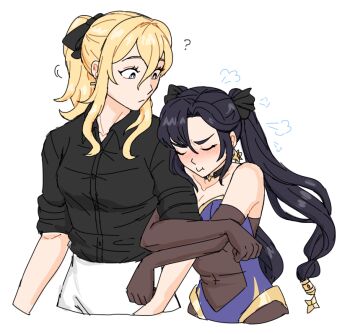 Rule 34 | 2girls, ?, black gloves, black hair, black shirt, blonde hair, blue eyes, blush, bright pupils, closed eyes, commentary, dashingicecream, elbow gloves, genshin impact, gloves, jean (genshin impact), long hair, looking at another, mona (genshin impact), multiple girls, no headwear, pantyhose, shirt, simple background, sleeves rolled up, strapless, upper body, very long hair, white background, white pupils, yuri