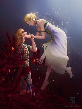 1boy 1girl ancient_set_(zelda) armlet bare_shoulders blonde_hair blood blood_on_face body_markings bracelet braid circlet commentary corruption crown_braid dress earrings english_commentary floating green_tunic hand_on_another&#039;s_arm hands_on_another&#039;s_cheeks hands_on_another&#039;s_face high_heels highres holding holding_another&#039;s_wrist holding_sword holding_weapon impaled injury jewelry link long_hair looking_at_another master_sword necklace nintendo parted_bangs pointy_ears princess_zelda profile severed_limb short_hair sidelocks single_bare_shoulder sparkle strapless strapless_dress sword the_legend_of_zelda the_legend_of_zelda:_tears_of_the_kingdom tommy_worthington tunic weapon white_dress