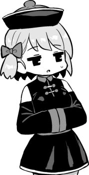 1girl azur_lane azur_lane:_slow_ahead bare_shoulders bow breasts china_dress chinese_clothes commentary_request cosplay detached_sleeves dress greyscale hair_bow halloween_costume hands_in_opposite_sleeves hat hori_(hori_no_su) jiangshi_costume jitome long_sleeves monochrome no_nose official_art parted_lips qingdai_guanmao short_dress short_hair simple_background solo sweatdrop white_background z23_(azur_lane)