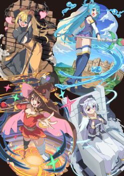 4girls :d aqua_(konosuba) arms_up ass asymmetrical_legwear bandaged_leg bandages belt black_bodystocking black_thighhighs blonde_hair blue_boots blue_eyes blue_hair blue_shirt blue_skirt blue_thighhighs blush bodystocking boots bow bowtie breast_conscious breasts brown_cape brown_hair brown_hat button_eyes buttons cape chain cuffs darkness_(konosuba) detached_sleeves dress eris_(konosuba) from_behind full_body green_bow green_bowtie hair_between_eyes hair_ornament hair_rings hat heart highres holding holding_staff kneeling kono_subarashii_sekai_ni_shukufuku_wo! large_breasts long_hair long_sleeves looking_at_viewer looking_back mage_staff magic_circle masochism megumin mismatched_legwear multiple_girls no_panties nose_blush nun off-shoulder_dress off_shoulder onabe915 open_mouth outdoors outstretched_arm path ponytail purple_eyes red_dress red_eyes restrained road shackles shirt short_hair_with_long_locks single_hair_ring single_thighhigh sitting sitting_on_throne skirt smile sphere_hair_ornament staff standing thigh_boots thighhighs thighhighs_under_boots throne torn_bodystocking torn_clothes v-shaped_eyebrows very_long_hair walking wavy_mouth white_dress white_hair white_thighhighs witch_hat